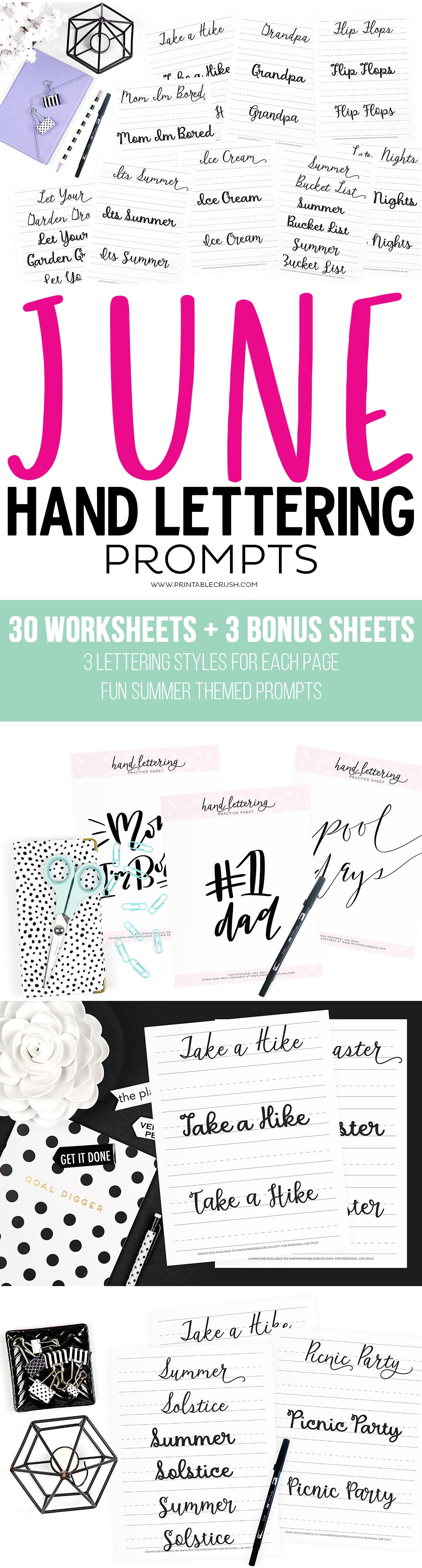 June Hand Lettering Worksheets – Printable Crush, LLC