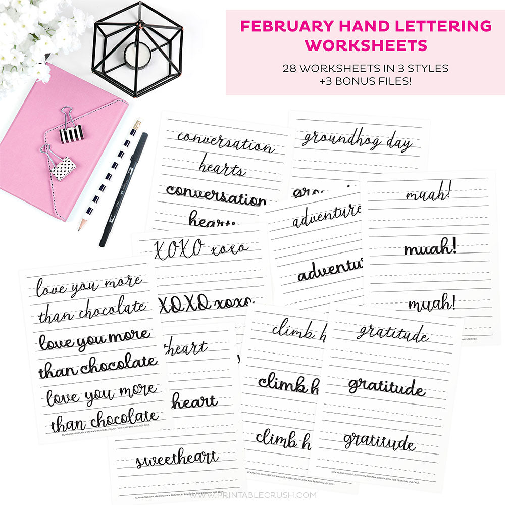 February Hand Lettering Worksheets