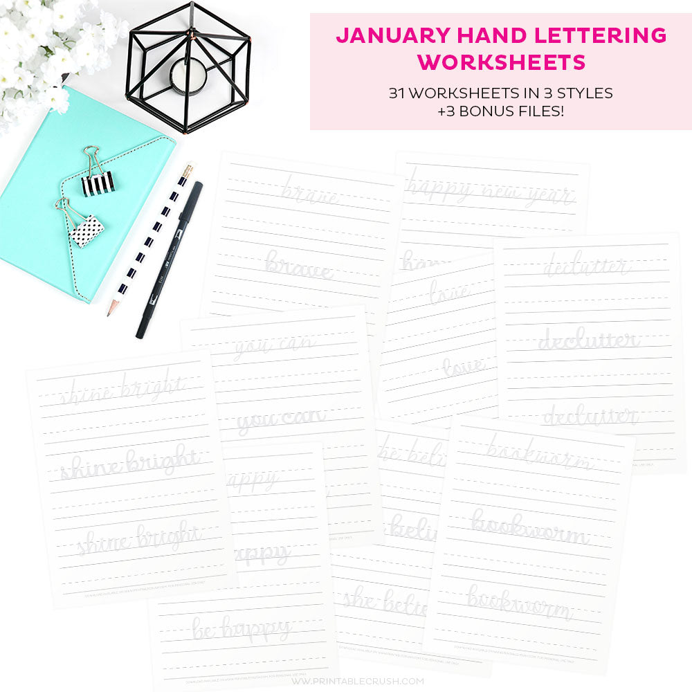 January Hand Lettering Worksheets