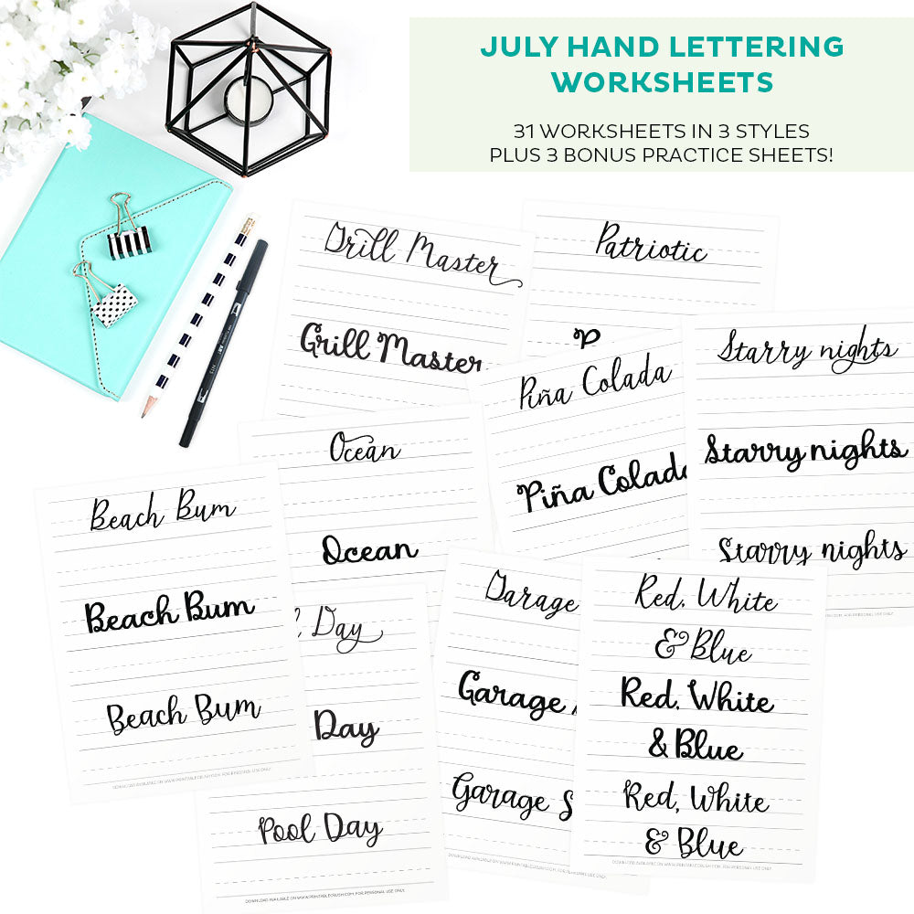 July Hand Lettering Worksheets