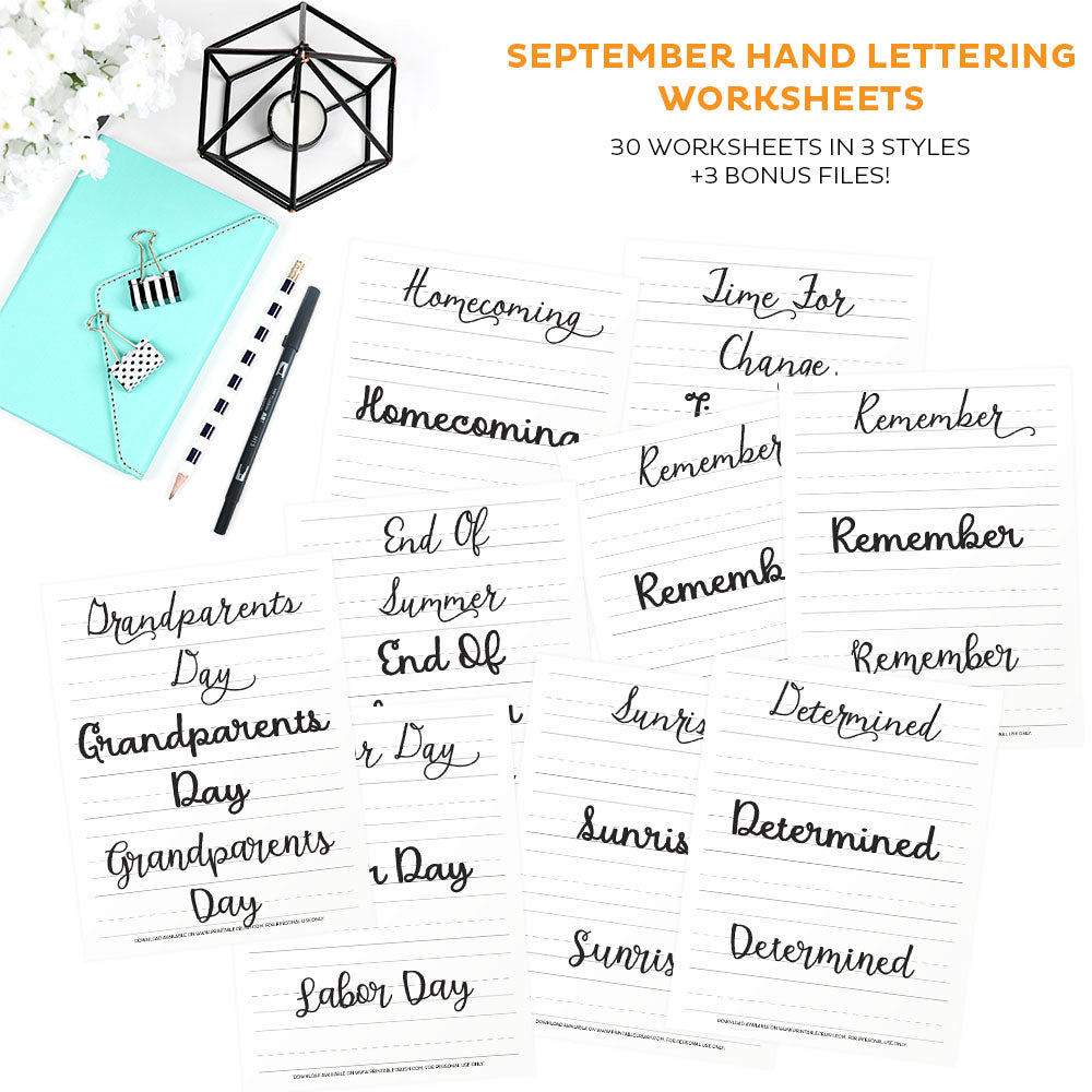September Hand Lettering Worksheets